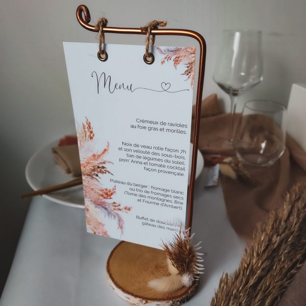 menu mariage et son support thème pampa terracotta